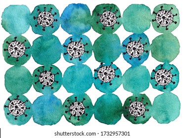 Abstract Watercolor Background With Covid Elements. Spots Watercolor Covid Background.