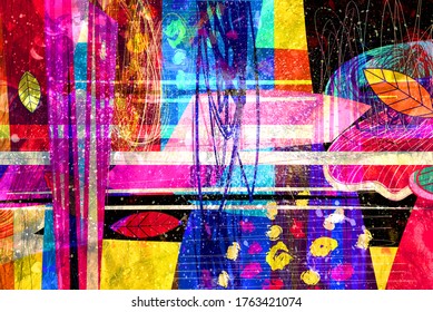 Abstract watercolor background with different geometric elements on a retro background.