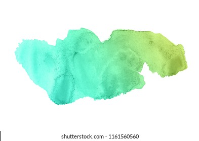 Abstract Watercolor Background Image With A Liquid Splatter Of Aquarelle Paint, Isolated On White.Green And Yellow Pastel Tones