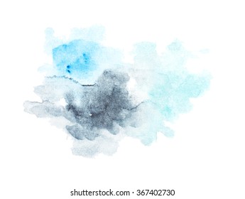 Abstract watercolor background. Light blue and grey splashes. Hand painted paintbrush