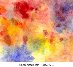 abstract watercolor background paper design of bright color splashes in yellow red warm color and blue orange gold, modern art painted canvas of old faded vintage grunge background texture atmosphere