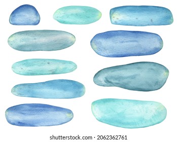 Abstract Watercolor Blue Sea Glass Stones Collection Isolated On A White Background