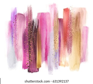 abstract watercolor brush strokes isolated on white, creative illustration, artistic color palette, grungy smear, red purple pink gold, fashion background
