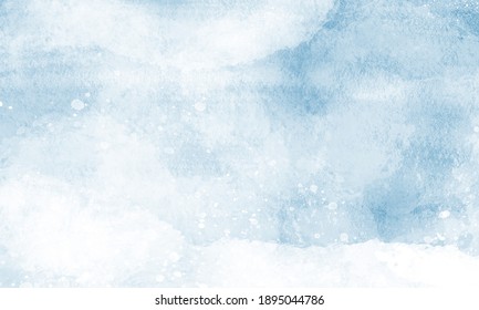 Abstract Watercolor Clouds, Sky And Snow On Blue Background