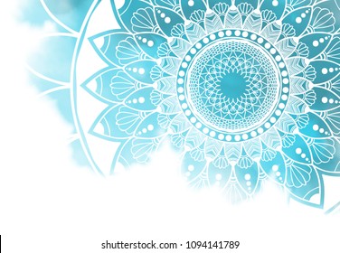 Abstract watercolor digital art painting and mandala graphic design on white color background for ancient geometric concept