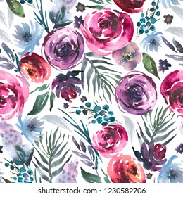 Abstract watercolor floral seamless pattern in a la prima style, red watercolor roses - flowers, twigs, leaves, buds. Hand painted vintage floral texture on white background. - Powered by Shutterstock