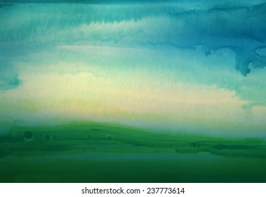 Abstract Watercolor Hand Painted Landscape Background. Textured Paper.