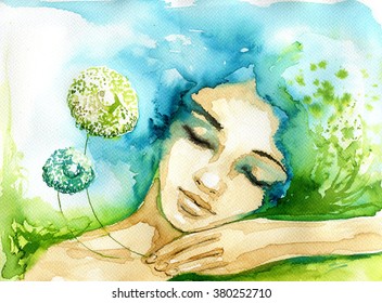 Abstract watercolor illustration depicting a portrait of a woman. 