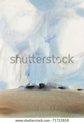 Abstract watercolor landscape. Field under a cloudy sky. Paper.Watercolor.
