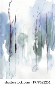Abstract watercolor landscape in neutral gray and blue tones, hand-drawn original painting on paper