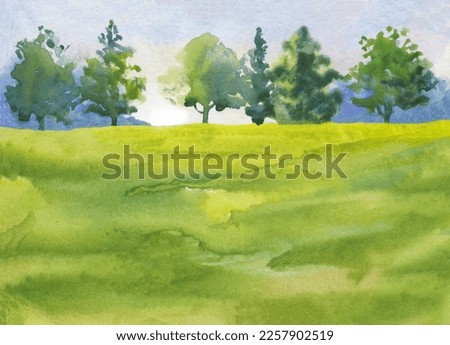 Abstract watercolor landscape with trees and green grass, morning sunlight, natural background illustration