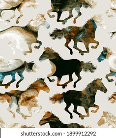 Abstract Watercolor Marbling Tie Dye Texture Horses Seamless Pattern Isolated Background