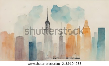 Abstract watercolor of New York City. Wallpaper pastel colors of empire state building. 4k painting. 