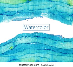 Abstract watercolor painting. Blue waves. Bright blue wavy pattern.High resolution.Water colorful green blue drops banner.Wet brush painted illustration.Stylized design card 