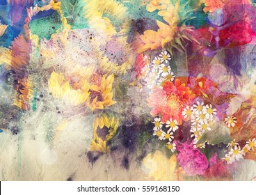 Abstract watercolor painting combined with field and sunflower flowers on paper texture - floral grunge