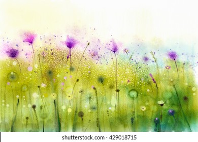 Abstract watercolor painting purple cosmos flowers and white wildflower. Wild flowers meadow, green field paintings. Hand painted floral, flower in meadows. Spring flower seasonal nature background