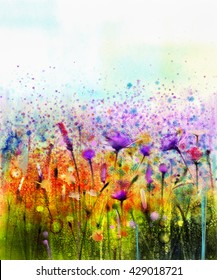 Abstract watercolor painting purple cosmos flower,cornflower, violet lavender, white and orange wildflower. Wild flowers meadow, green field paintings. Hand paint floral in meadows. Spring background