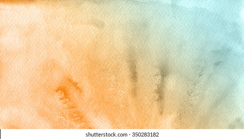 Abstract Watercolor Pattern On  Textured Paper In Orange And Blue