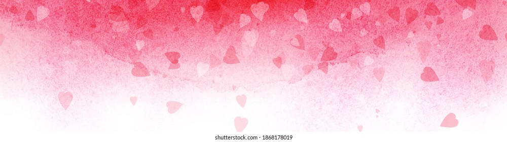 Abstract watercolor romantic background. Horizontal gradient from bright pink to white with transparent pattern of hearts. Hand drawn decorative backdrop for St. Valentine's day.