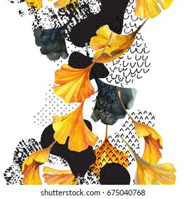 抽象水彩无缝图案在秋天的颜色. 绘制银杏叶，墨水涂鸦，垃圾垃圾，水彩 