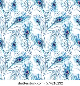Abstract watercolor seamless pattern and peacock feathers   natural vintage watercolor illustration white background