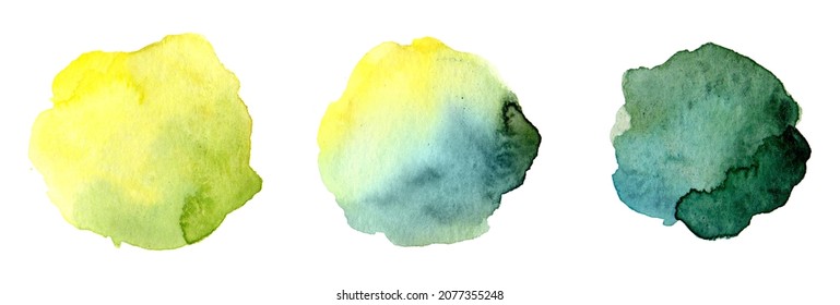 Abstract Watercolor Yellow, Green And Indigo Shapes On White Isolated Background. Color Splash, Drop Wet Brush On Textured Paper. Hand Drawn Painting Illustration For Invite Or Pattern. Ink Template