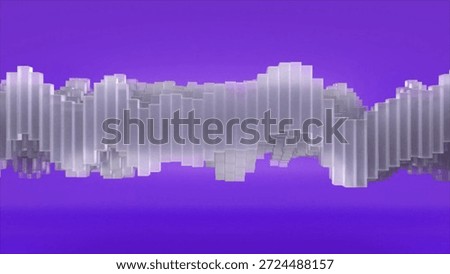 Abstract wave motion forming a dynamic visualization of sound or data, composed of transparent rectangular blocks moving in a rhythmic pattern against a vibrant purple background