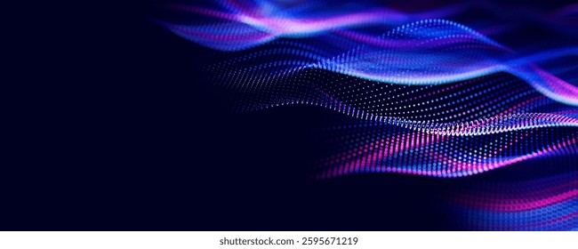 Abstract wave of particles. Big data digital flow concept. LLM learning process, AI technology. Quantum computing. 3d render illustration with place for text. 3D Illustration