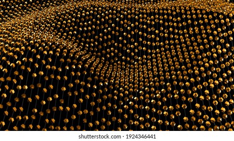 Abstract wave particles. Data science. Digital landscape. Flowing particles. Low poly background. Gold and black colors. 3d illustration.