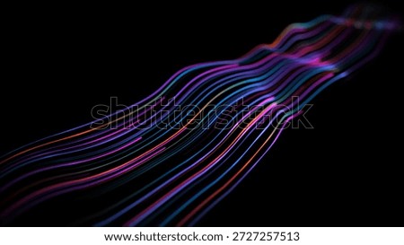 Abstract waveform composed of blue particles and orange pink curvy lines closeup big data light speed flow abstract digital data stream quantum computing futuristic tech visualization cinematic digital aesthetic premium visual depth atmosphere