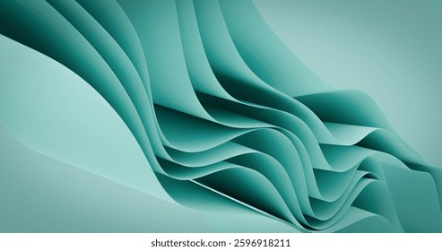 Abstract waves of teal layers create a flowing, dynamic 3D illusion, suggesting motion and depth. CGI 3d Render