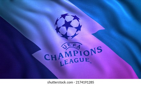 Abstract waving flag of UEFA Champions League. Motion. Realistic rippling flag, concept of sport. For editorial use only.