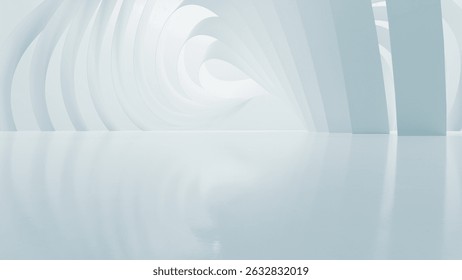 Abstract wavy architectural space with empty concrete floor, Geometric in white sci-fi interior design, 3d rendering background