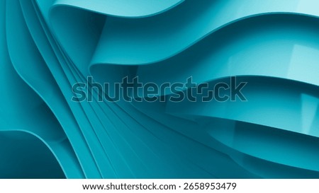 Abstract wavy curved 3d render. Turquoise soft layers of plastic with lines, folds, ruffles. Modern wallpaper, texture pattern. 3D Illustration