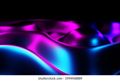 Abstract Wavy Forms Neon Background. Glossy Gradient Texture Surface Water, Liquid Ripples Or Pink Blue Fluid Stream. Futuristic 3d Illustration, Digital Technology Concept, Virtual Landscape