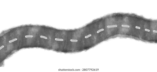 Abstract wavy road with dashed white centerline, grayscale texture.