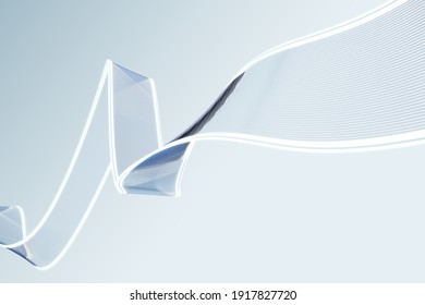Abstract wavy tape with luminious effect at light grey background. 3D rendering