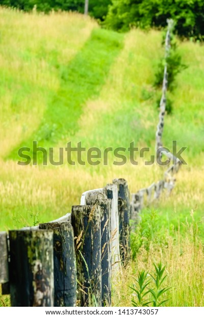 Abstract of weathered split-rail fence along\
hillside of onetime pasture with a multi-use trail mown across tall\
grass, with digital oil-painting effect, for rural, equine, and\
vintage themes