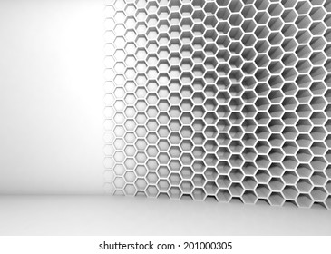 Abstract White 3d Interior With Honeycomb Pattern On The Wall