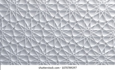 Abstract White Arabic Girih Pattern Background. Extruded Muslim Ornament. Interior Design Concept. 3d Render Illustration. Islamic Geometry Pattern. Polygonal Plaster Surface.