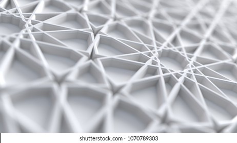 Abstract white arabic girih pattern background. Extruded muslim ornament. Interior design concept. 3d render illustration. Islamic geometry pattern. Polygonal plaster surface. Perspective view