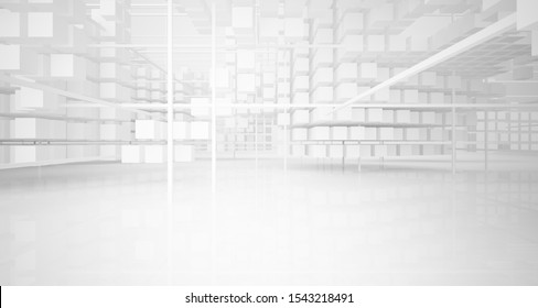 Abstract white architectural interior from an array of white cubes with large windows. 3D illustration and rendering.