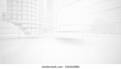 Abstract white architectural interior from an array of white cubes with large windows. 3D illustration and rendering.