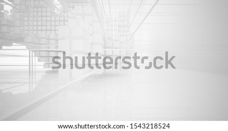 Abstract white architectural interior from an array of white cubes with large windows. 3D illustration and rendering.