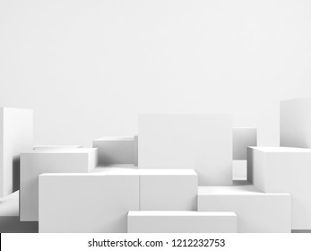 Abstract White Background With Copy Space Over Installation Of Random Cubes, 3d Render Illustration