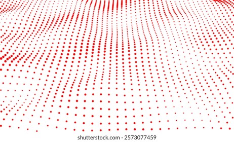 Abstract white background with a dynamic red dot wave. Big data visualization. Abstract seamless mesh dots digital luxurious wave particles flows background.
