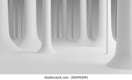 Abstract white background, pillars, trees, pipes. 3d rendering