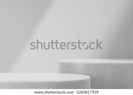 Abstract white background for product presentation with 3d render two podium on smooth wall background and light-dark divider. Pedestal for cosmetic product and packaging mockups display presentation