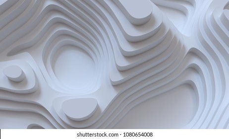 Abstract white background. Topography levels. Mapping relief design. 3d architectural render illustration. Geometry curve lines pattern. Futuristic concept. Paper or plaster surface.