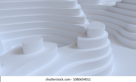 Abstract White Background. Topography Levels. Mapping Relief Design. 3d Architectural Render Illustration. Geometry Curve Lines Pattern. Futuristic Concept. Paper Or Plaster Surface.